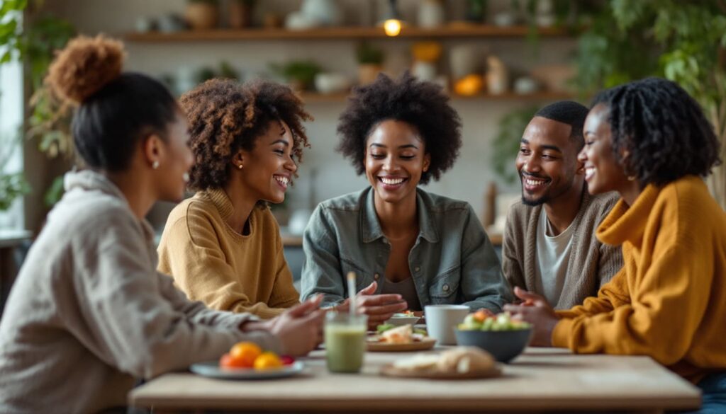 grupo amigos comida feliz conversacion ambiente acogedor